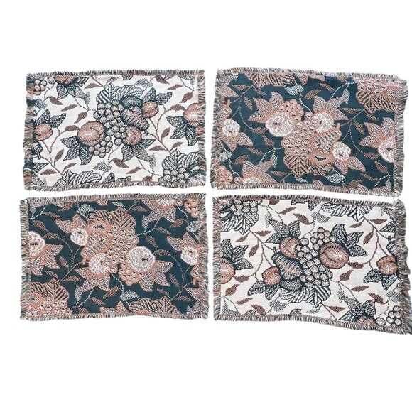 Set of 4 Vintage Tapestry Style Fabric Placemats with Fruit Fringe Edges 19"x13" - Picture 1 of 6